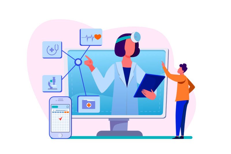 Online medical assistance vector illustration. Man using smartphone app for consulting doctor. Male patient chatting with practitioner on internet